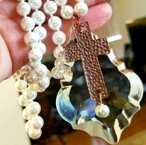 Hammered Copper Cross Over Large Lucite Pendant On Long White Pearl Strand